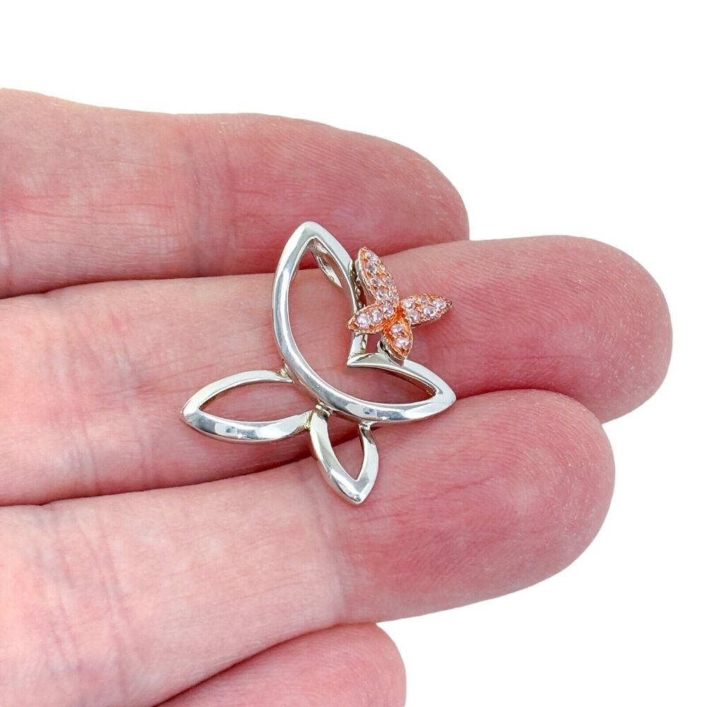 Estate Sterling Silver 925 Pink Rhinestone Butterfly Pendant
